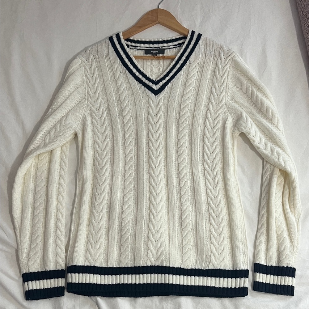 Women's V-Neck Cable Knit Sweater - White and Black